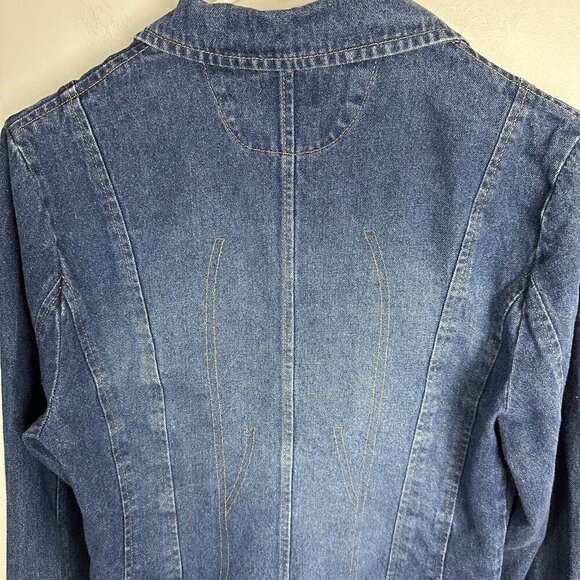 VTG Rave Denim Jacket Junior Sz Med Blue Long-Sleeve Embroidery Pocket Crop 90s - Picture 6 of 10